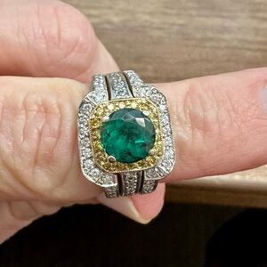 Elegant & unique bridal set with 14K gold, emerald and diamond rings.